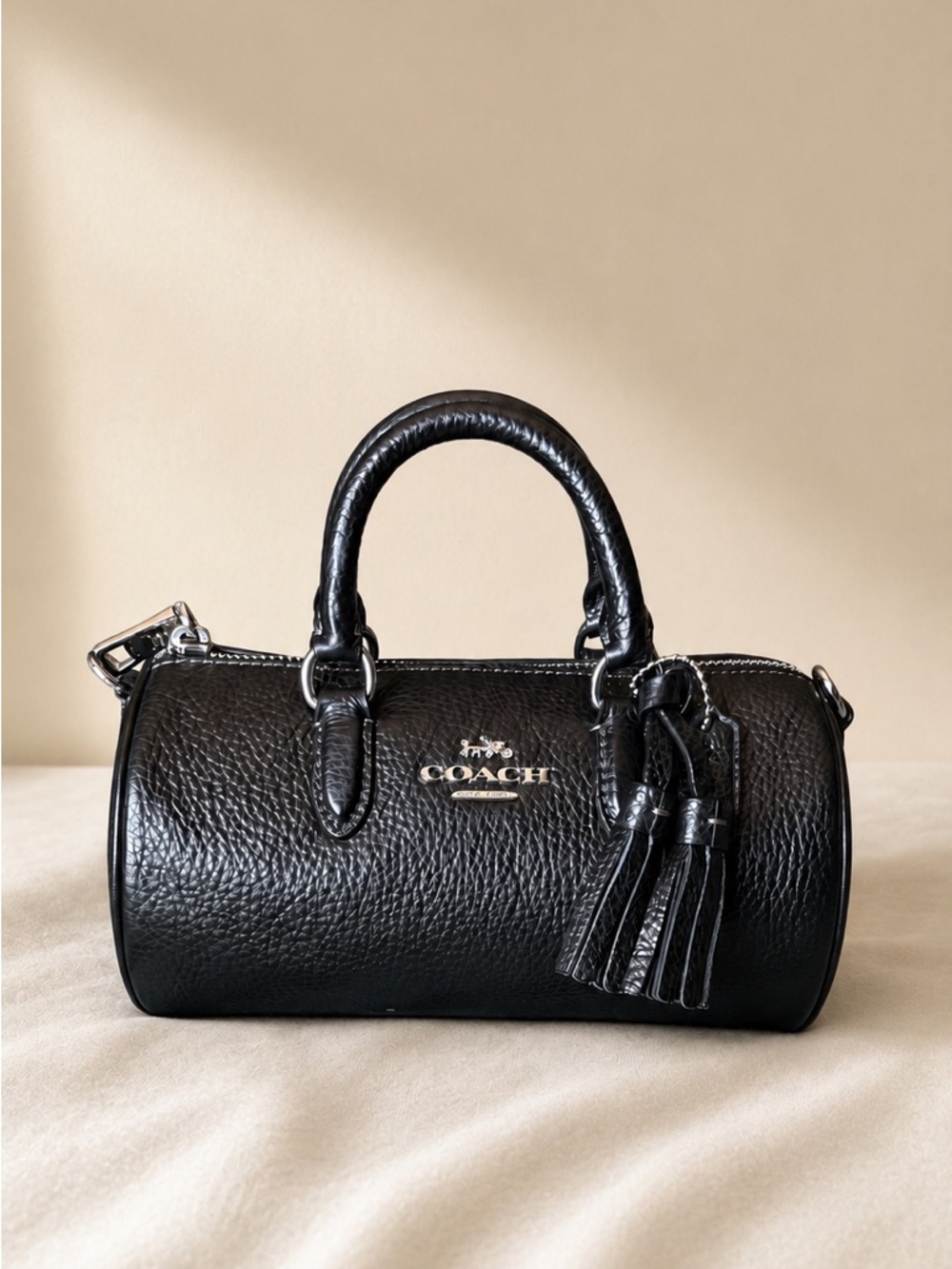 Coach Black Pebbled Leather Mini Barrel Satchel